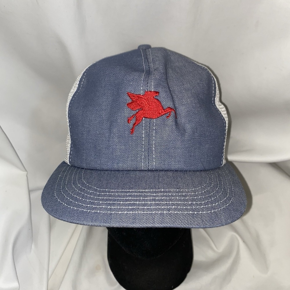 Vintage Mobil Oil Gas Snapback Hat Cap Trucker Mesh Pegasus‎ Made USA Denim